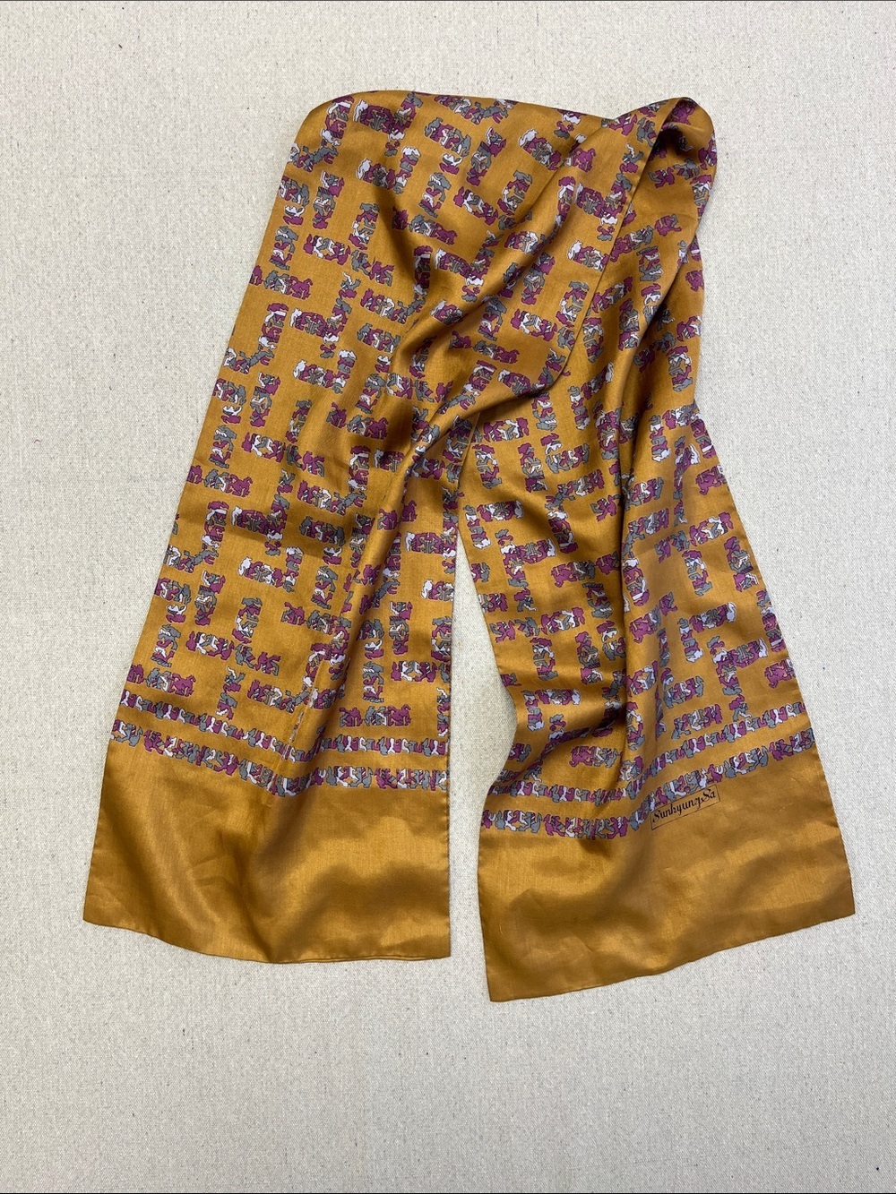 Vintage Sunburning Silk Blend Scarf Mustard Gold Abstract 50” Long